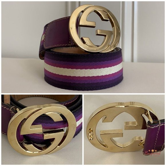 Authentic Gucci Web Canvas Leather Gold Interlocking G Buckle Belt 85/34 114876 - Picture 2 of 13